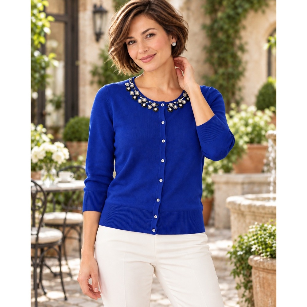 Cable & Gauge Royal Blue Embellished Cardigan Sequin Bead Neckline Sweater L